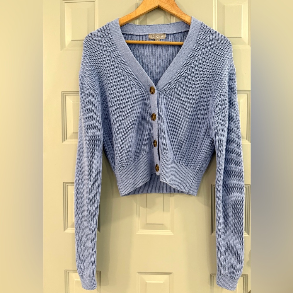 J. Crew Cotton Cropped V-Neck Cardigan Sweater Chunky Rib Knit Watercolor Blue - Picture 2 of 5